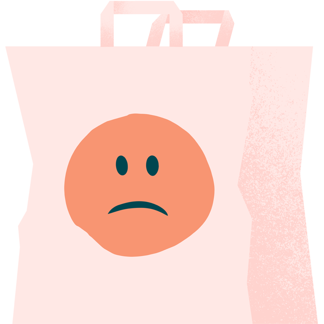An illustration of a shopping bag with a sad smiley face